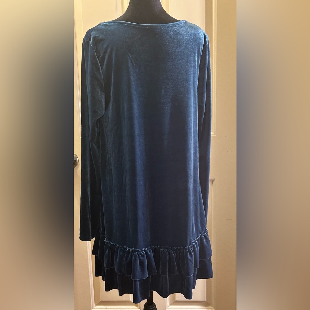 Easel Velour Dark Teal Ruffle Dress Raw Edge Ruffles at Bottom - Picture 4 of 8